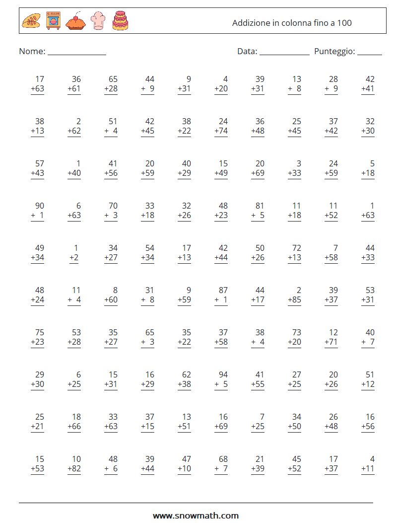 (100) Addizione in colonna fino a 100 Fogli di lavoro di matematica 7