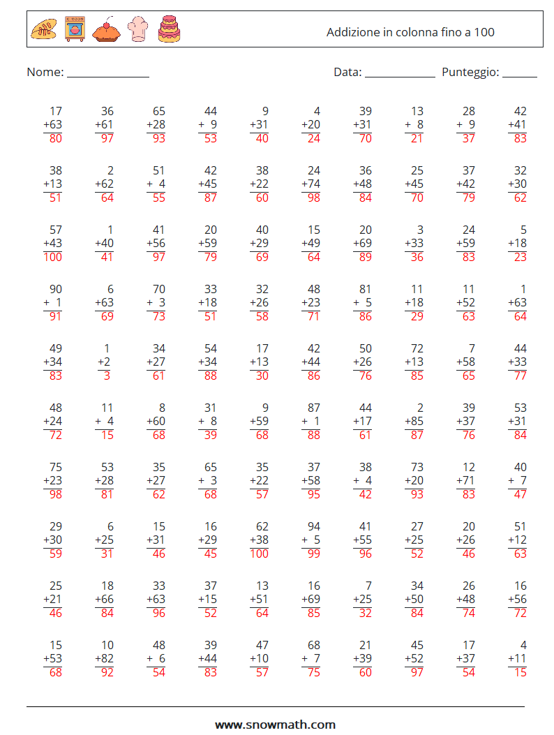 (100) Addizione in colonna fino a 100 Fogli di lavoro di matematica 7 Domanda, Risposta