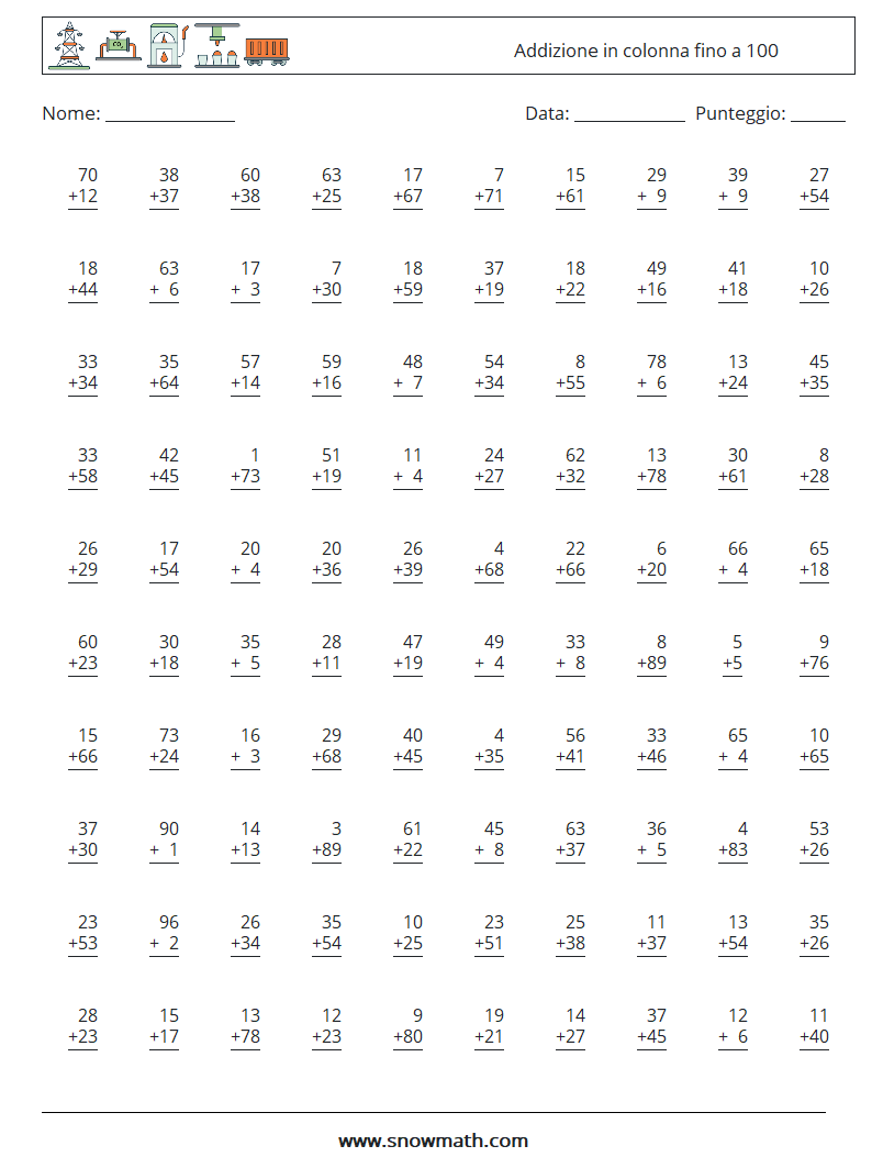 (100) Addizione in colonna fino a 100 Fogli di lavoro di matematica 8