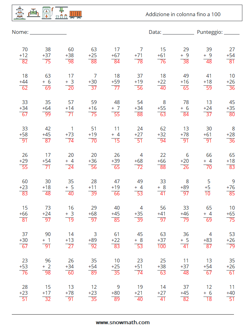 (100) Addizione in colonna fino a 100 Fogli di lavoro di matematica 8 Domanda, Risposta