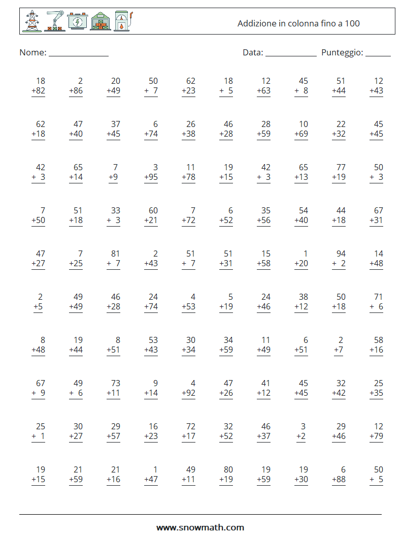 (100) Addizione in colonna fino a 100 Fogli di lavoro di matematica 9