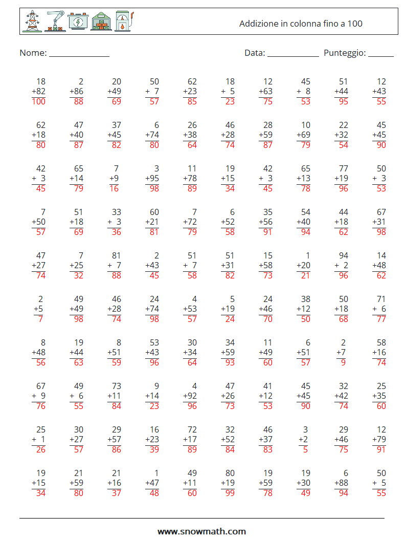 (100) Addizione in colonna fino a 100 Fogli di lavoro di matematica 9 Domanda, Risposta