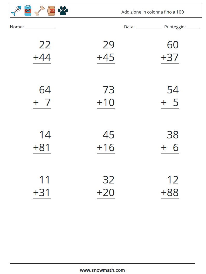 (12) Addizione in colonna fino a 100 Fogli di lavoro di matematica 10
