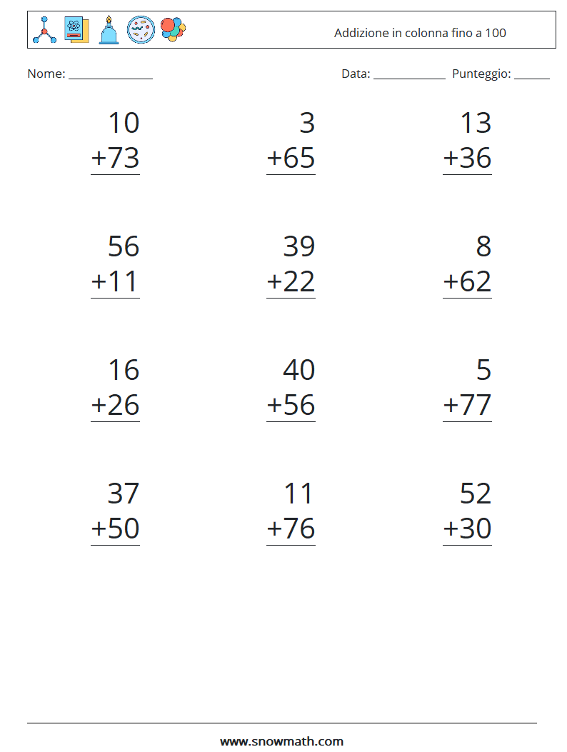 (12) Addizione in colonna fino a 100 Fogli di lavoro di matematica 11