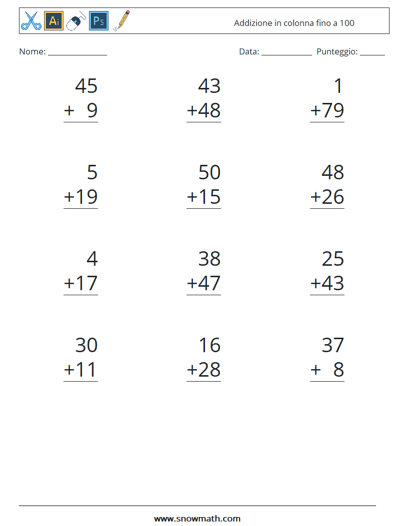 (12) Addizione in colonna fino a 100 Fogli di lavoro di matematica 12