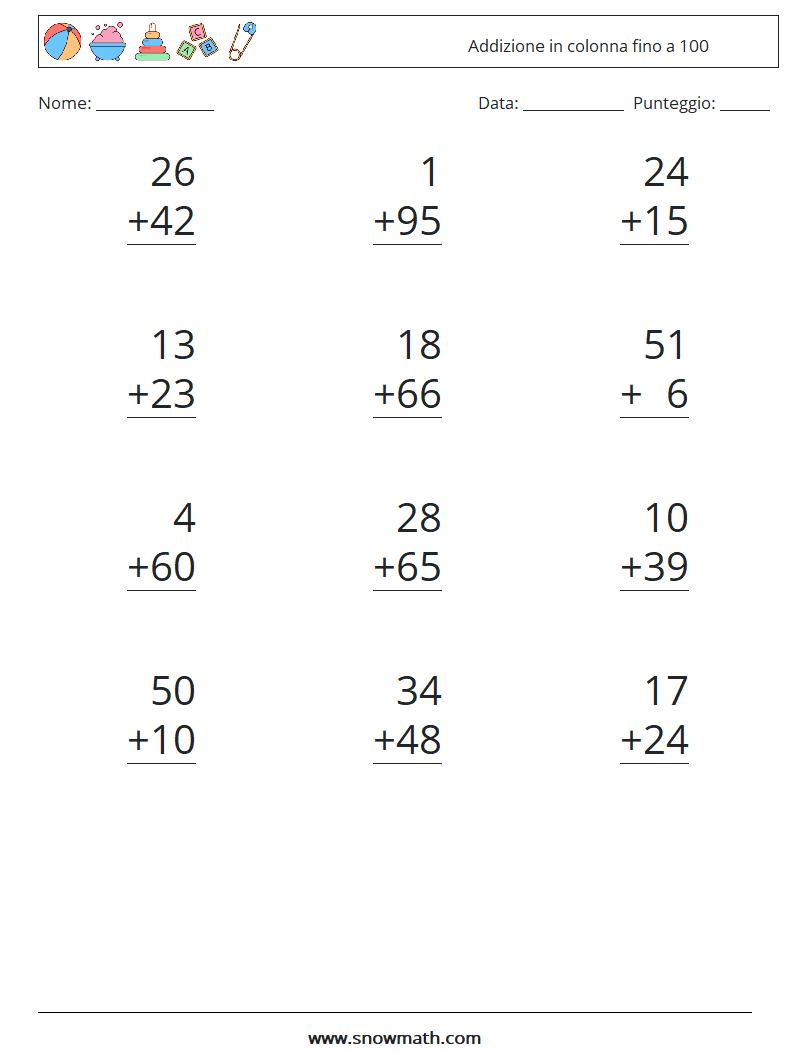 (12) Addizione in colonna fino a 100 Fogli di lavoro di matematica 14