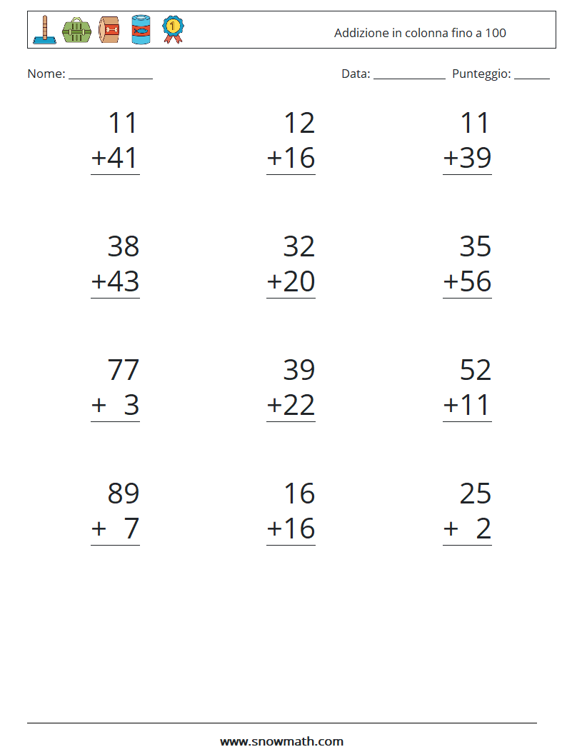 (12) Addizione in colonna fino a 100 Fogli di lavoro di matematica 15