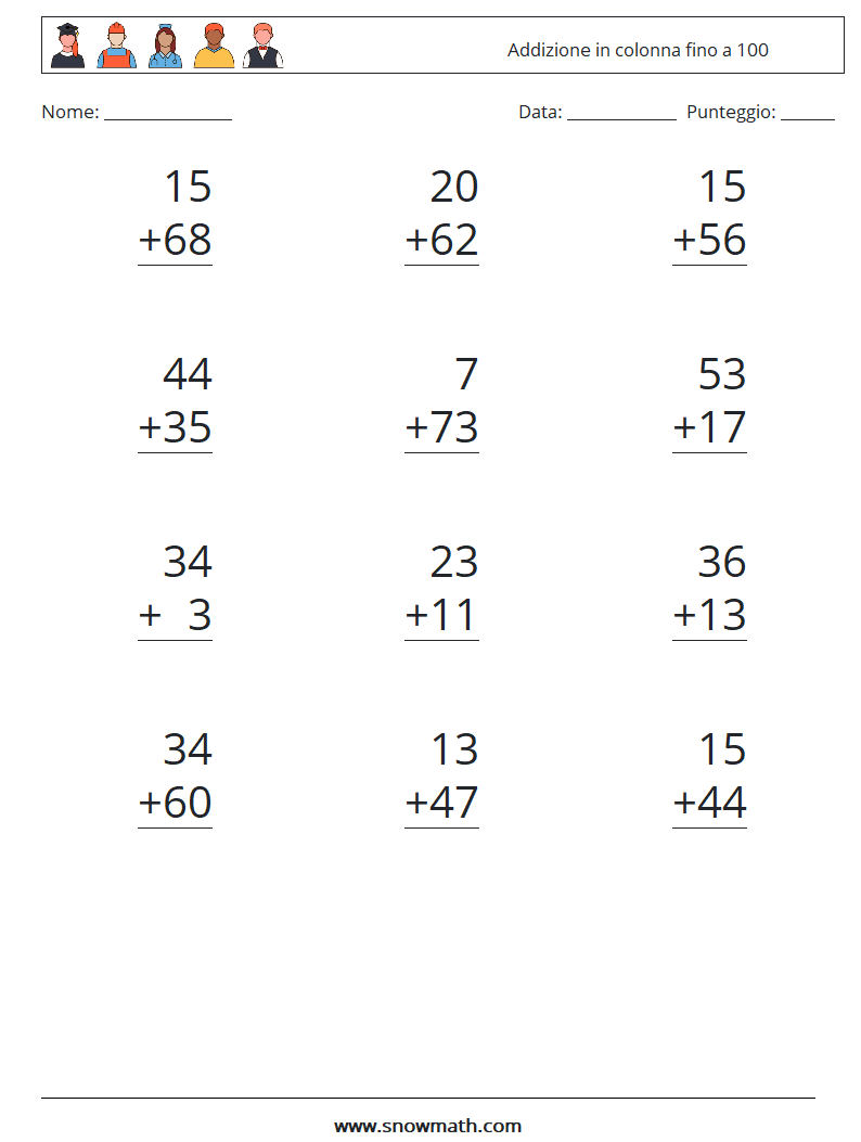 (12) Addizione in colonna fino a 100 Fogli di lavoro di matematica 16