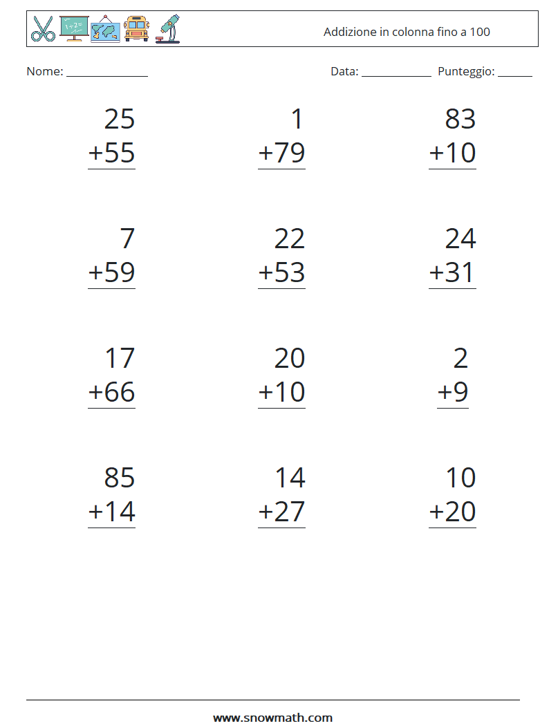 (12) Addizione in colonna fino a 100 Fogli di lavoro di matematica 17