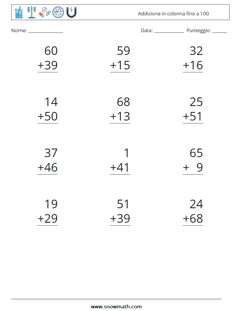 (12) Addizione in colonna fino a 100 Fogli di lavoro di matematica 2