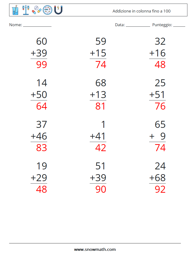 (12) Addizione in colonna fino a 100 Fogli di lavoro di matematica 2 Domanda, Risposta