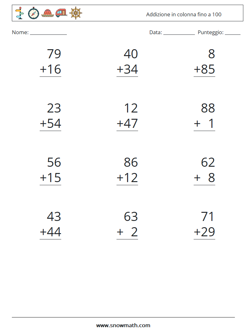 (12) Addizione in colonna fino a 100 Fogli di lavoro di matematica 3