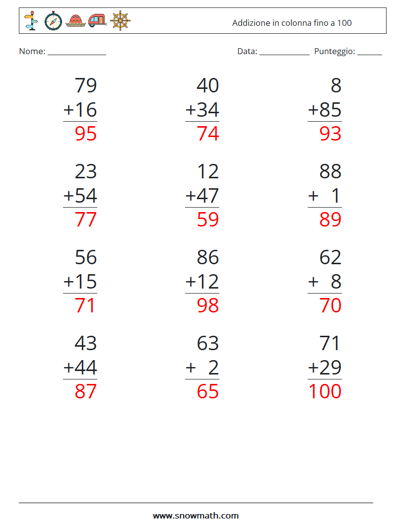(12) Addizione in colonna fino a 100 Fogli di lavoro di matematica 3 Domanda, Risposta