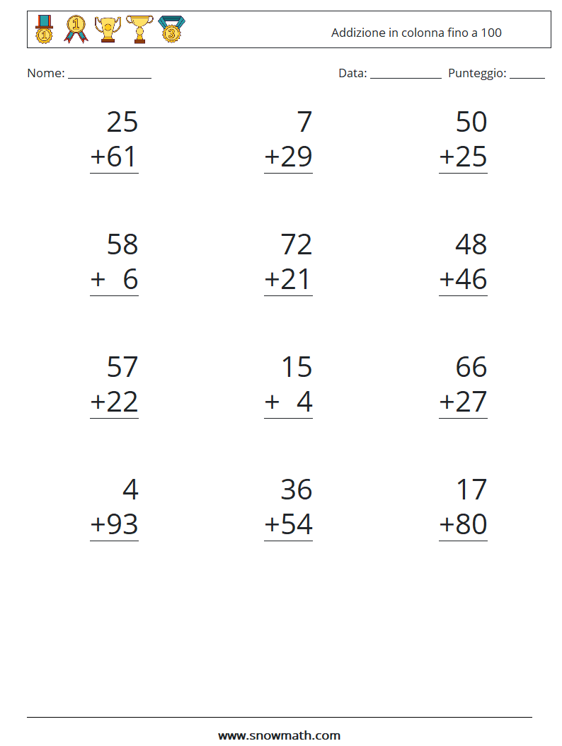 (12) Addizione in colonna fino a 100 Fogli di lavoro di matematica 4