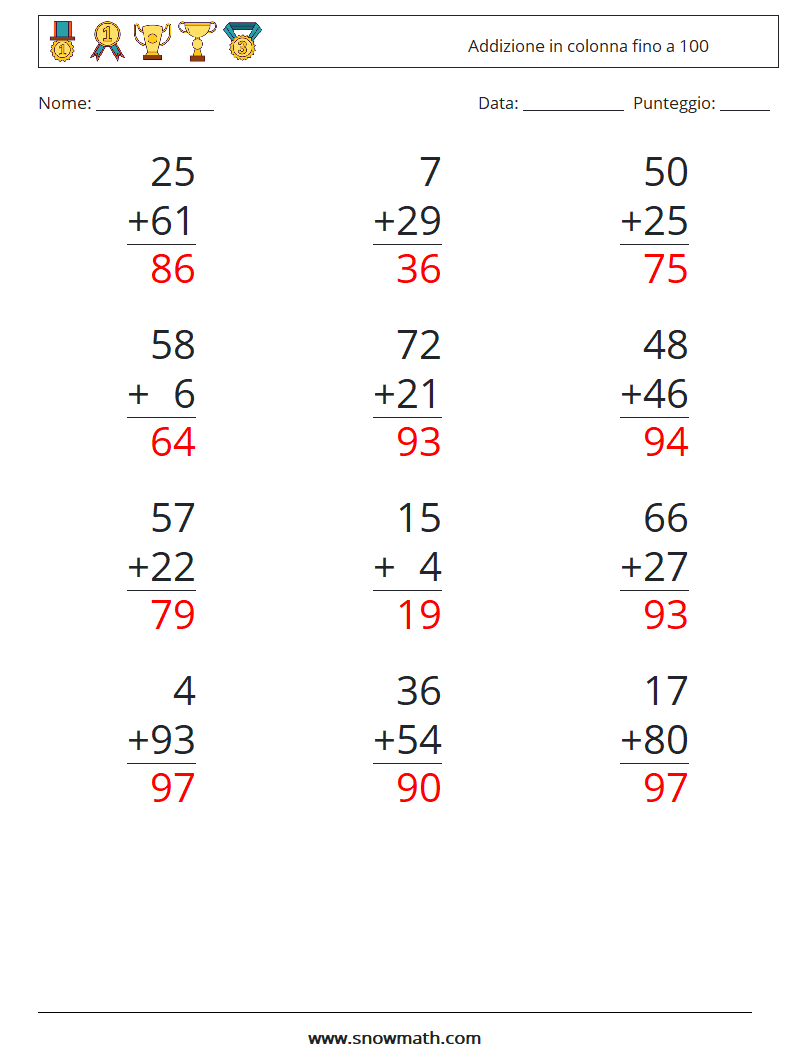 (12) Addizione in colonna fino a 100 Fogli di lavoro di matematica 4 Domanda, Risposta