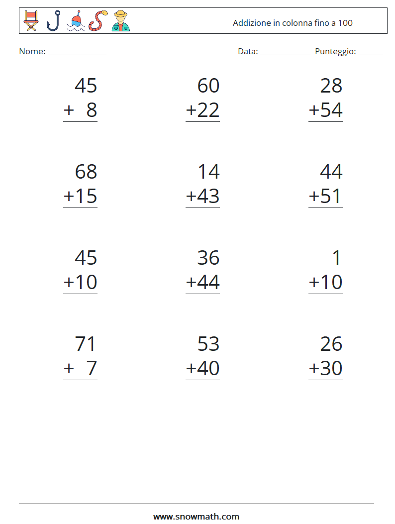 (12) Addizione in colonna fino a 100 Fogli di lavoro di matematica 5