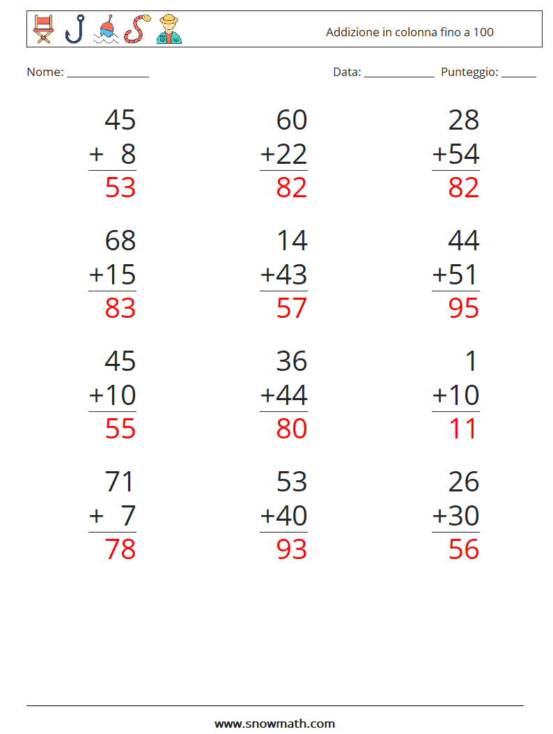 (12) Addizione in colonna fino a 100 Fogli di lavoro di matematica 5 Domanda, Risposta