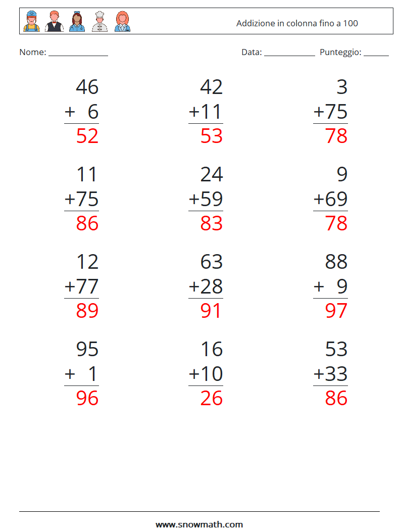 (12) Addizione in colonna fino a 100 Fogli di lavoro di matematica 6 Domanda, Risposta