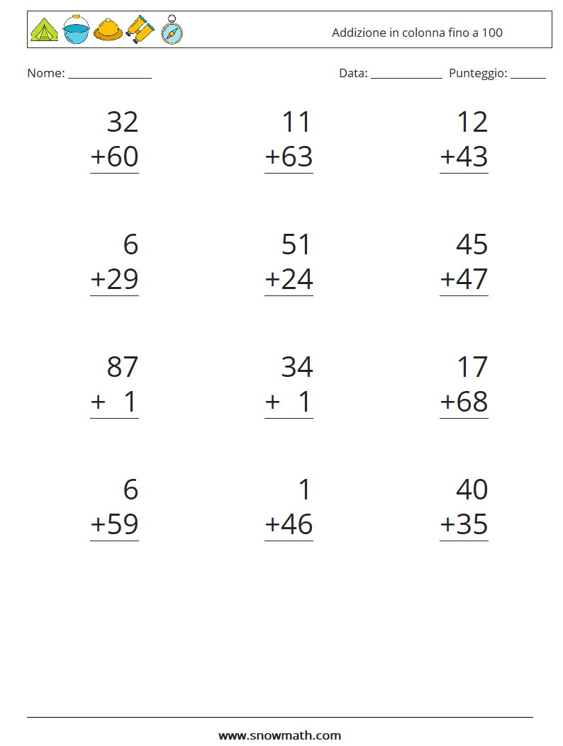 (12) Addizione in colonna fino a 100 Fogli di lavoro di matematica 7