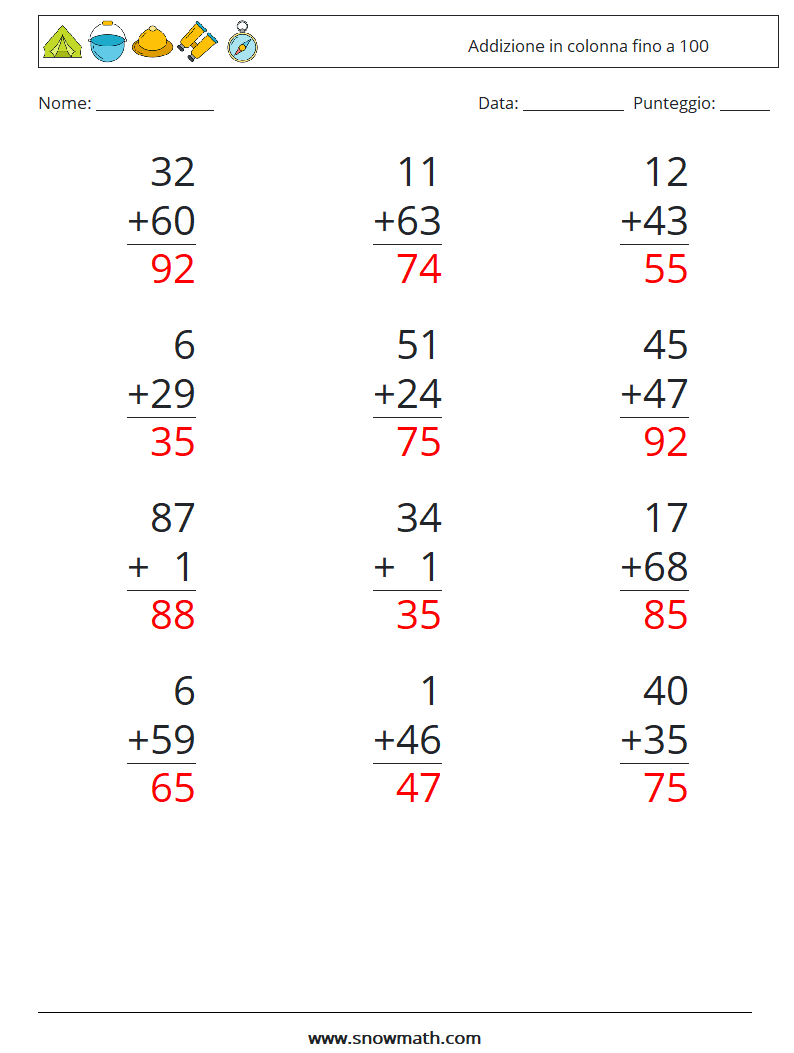 (12) Addizione in colonna fino a 100 Fogli di lavoro di matematica 7 Domanda, Risposta