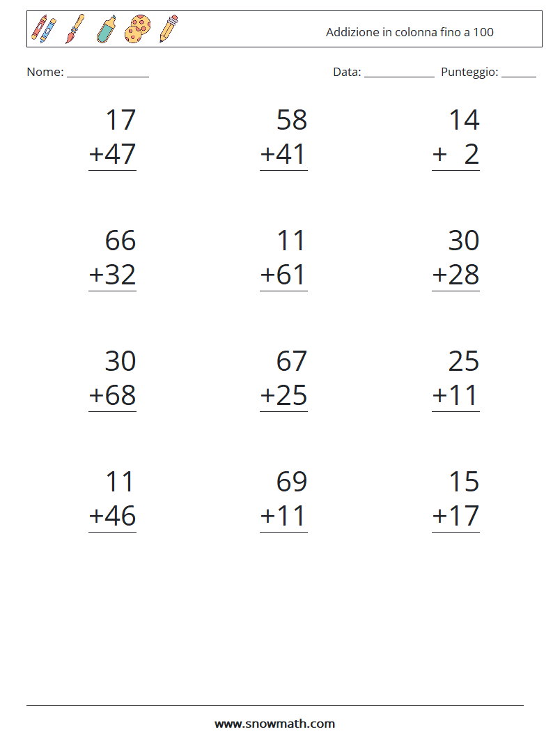 (12) Addizione in colonna fino a 100 Fogli di lavoro di matematica 8