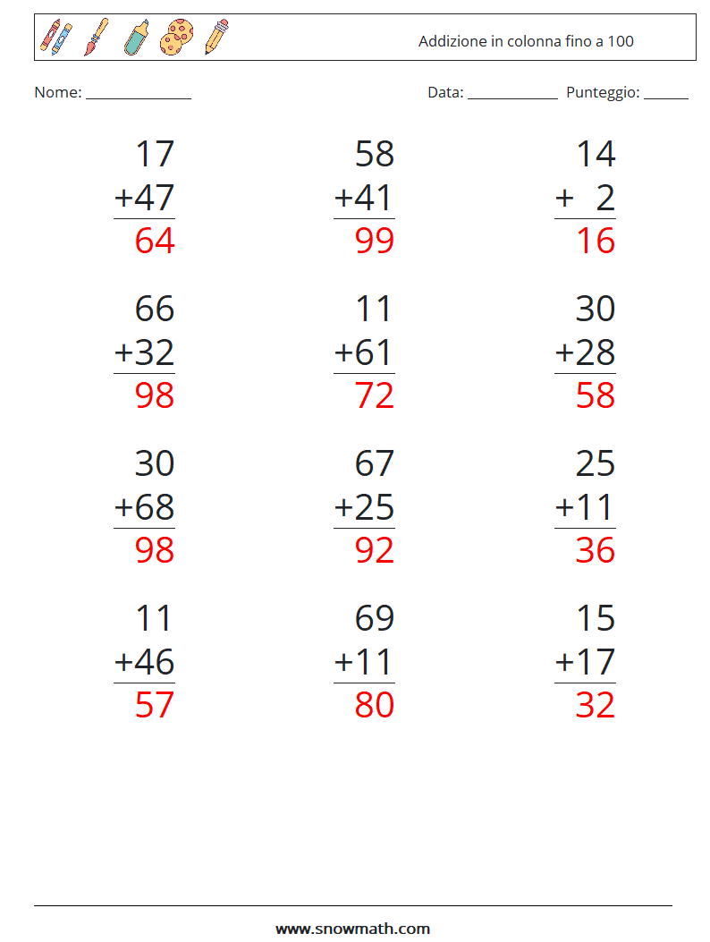 (12) Addizione in colonna fino a 100 Fogli di lavoro di matematica 8 Domanda, Risposta