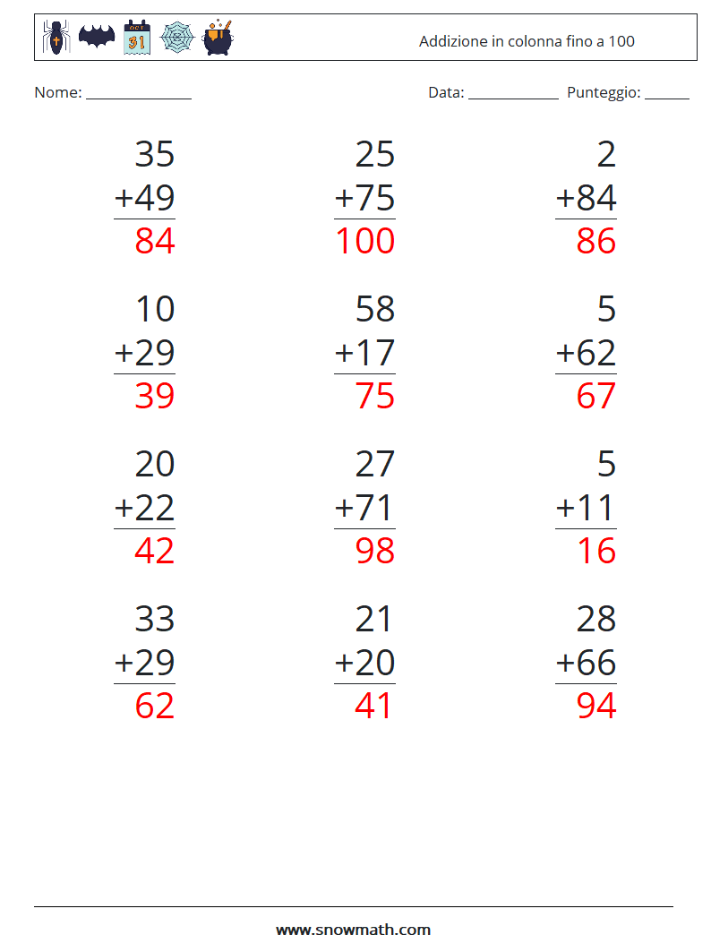 (12) Addizione in colonna fino a 100 Fogli di lavoro di matematica 9 Domanda, Risposta