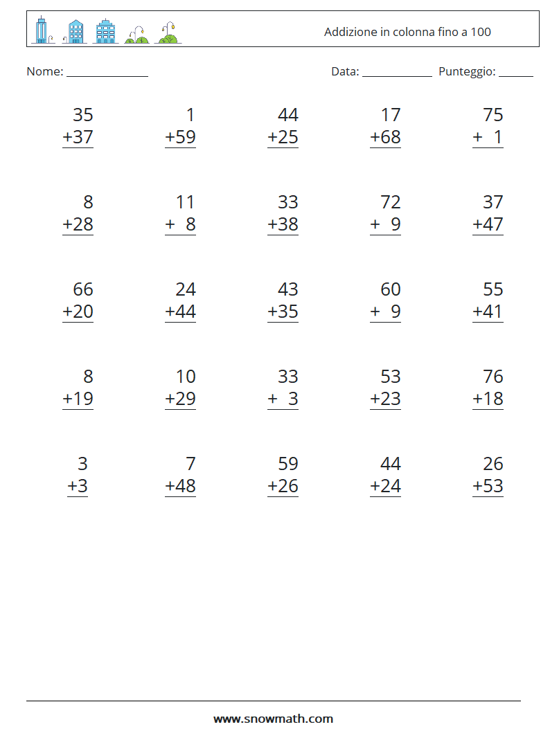 (25) Addizione in colonna fino a 100 Fogli di lavoro di matematica 1