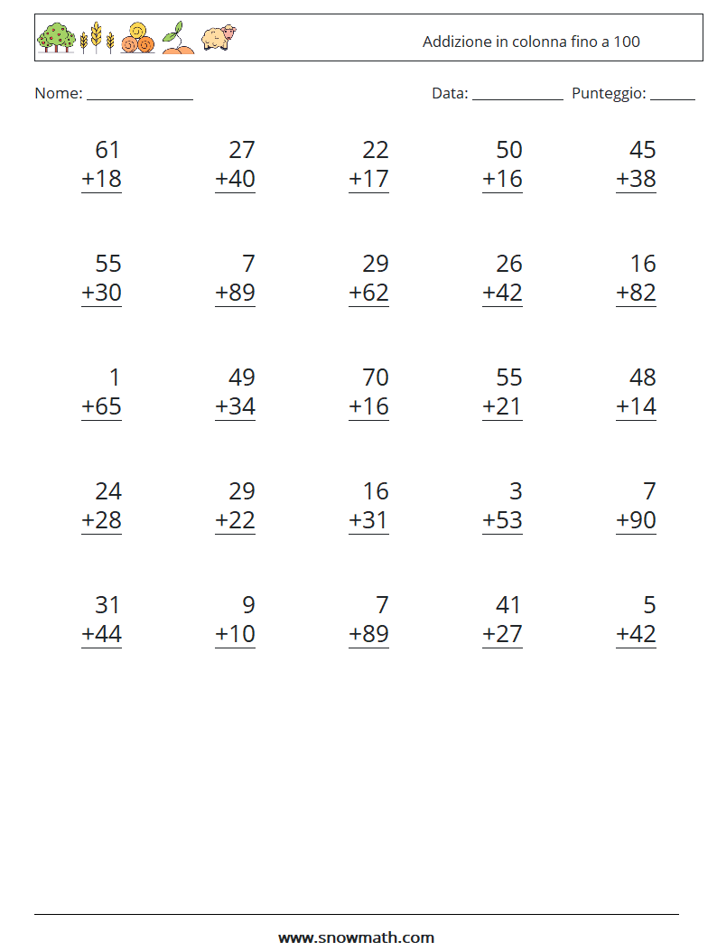 (25) Addizione in colonna fino a 100 Fogli di lavoro di matematica 10