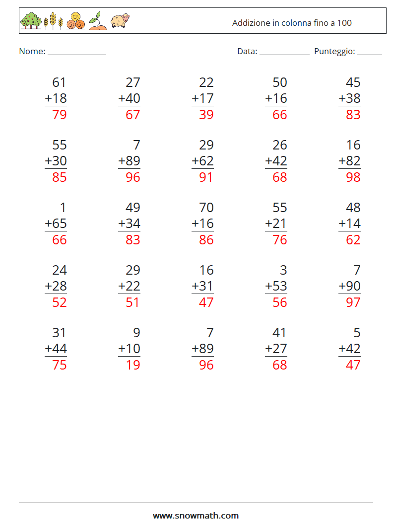 (25) Addizione in colonna fino a 100 Fogli di lavoro di matematica 10 Domanda, Risposta