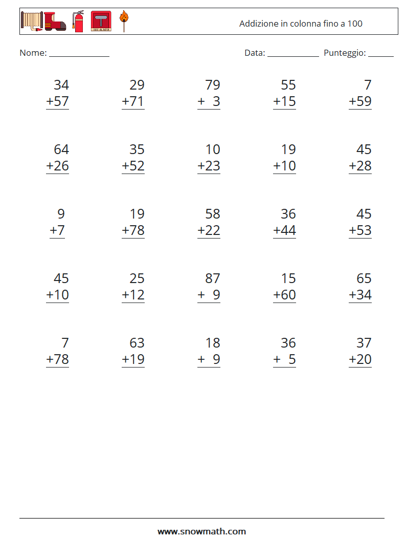 (25) Addizione in colonna fino a 100 Fogli di lavoro di matematica 11