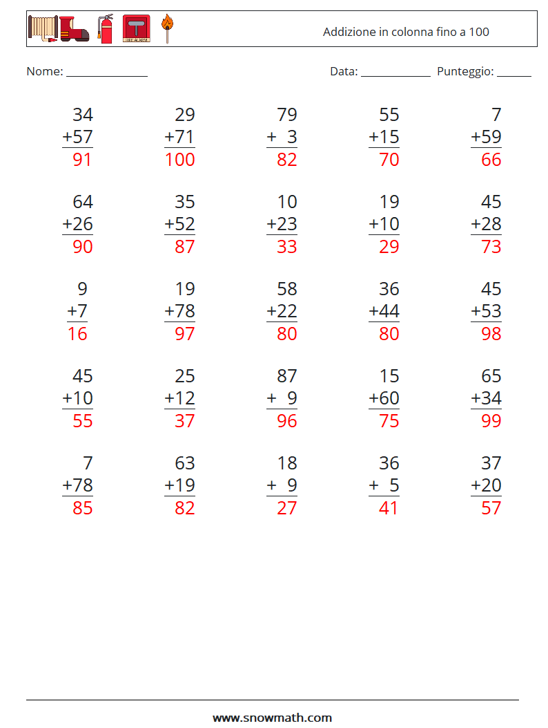 (25) Addizione in colonna fino a 100 Fogli di lavoro di matematica 11 Domanda, Risposta
