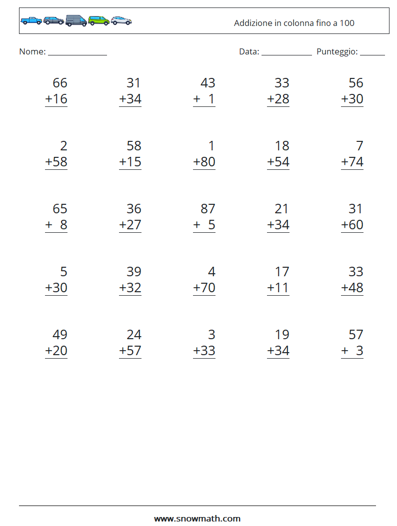 (25) Addizione in colonna fino a 100 Fogli di lavoro di matematica 12