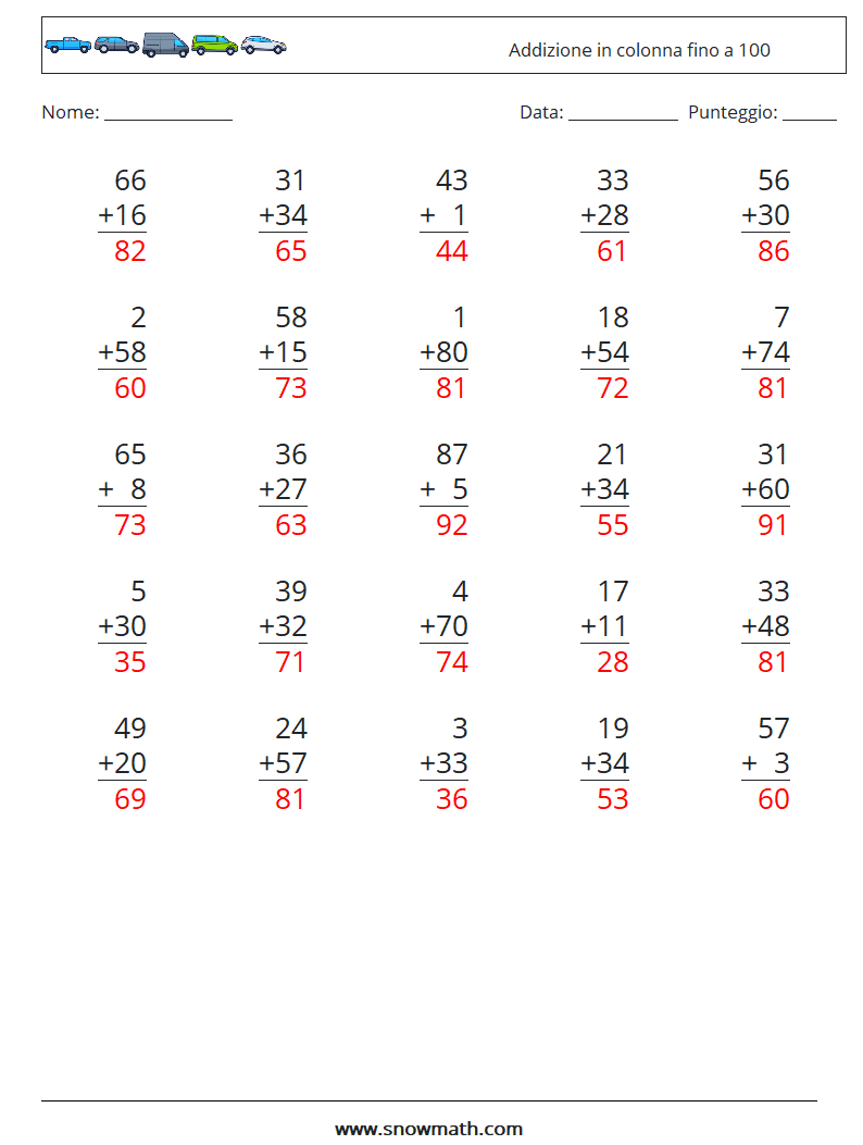 (25) Addizione in colonna fino a 100 Fogli di lavoro di matematica 12 Domanda, Risposta