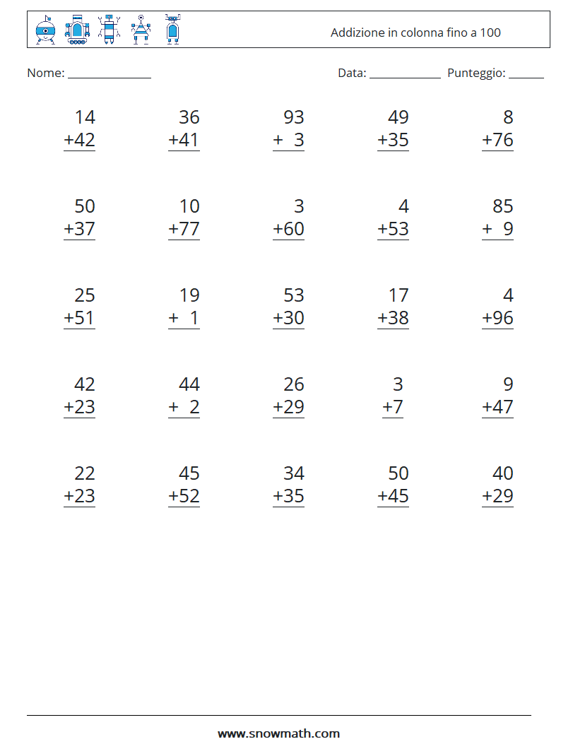 (25) Addizione in colonna fino a 100 Fogli di lavoro di matematica 13