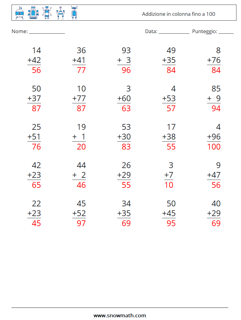 (25) Addizione in colonna fino a 100 Fogli di lavoro di matematica 13 Domanda, Risposta