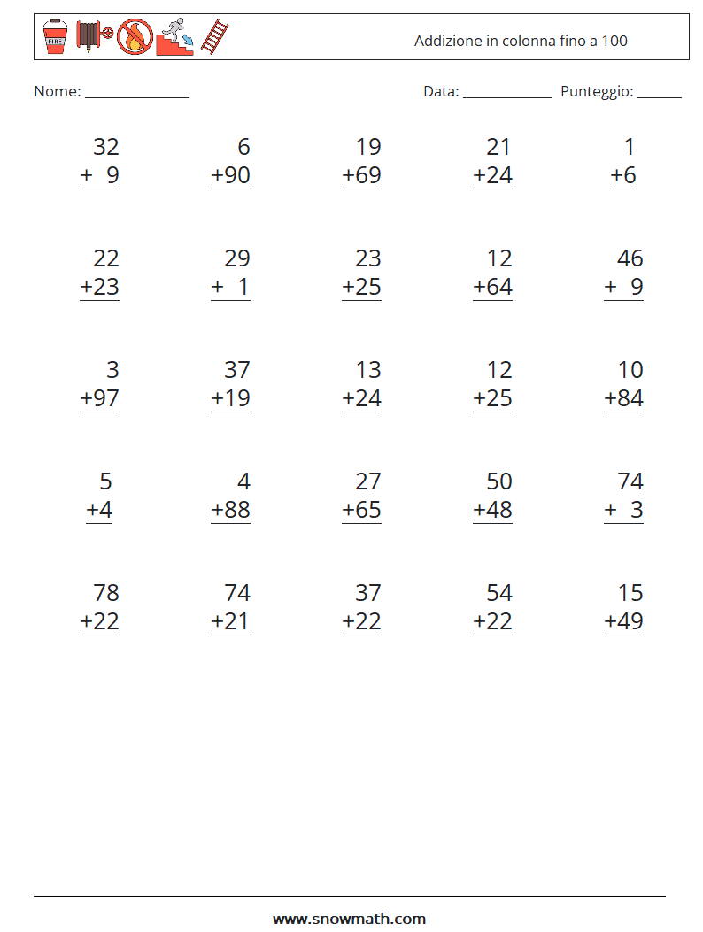 (25) Addizione in colonna fino a 100 Fogli di lavoro di matematica 14