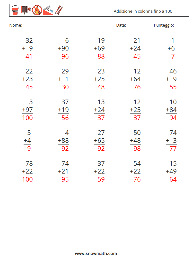 (25) Addizione in colonna fino a 100 Fogli di lavoro di matematica 14 Domanda, Risposta
