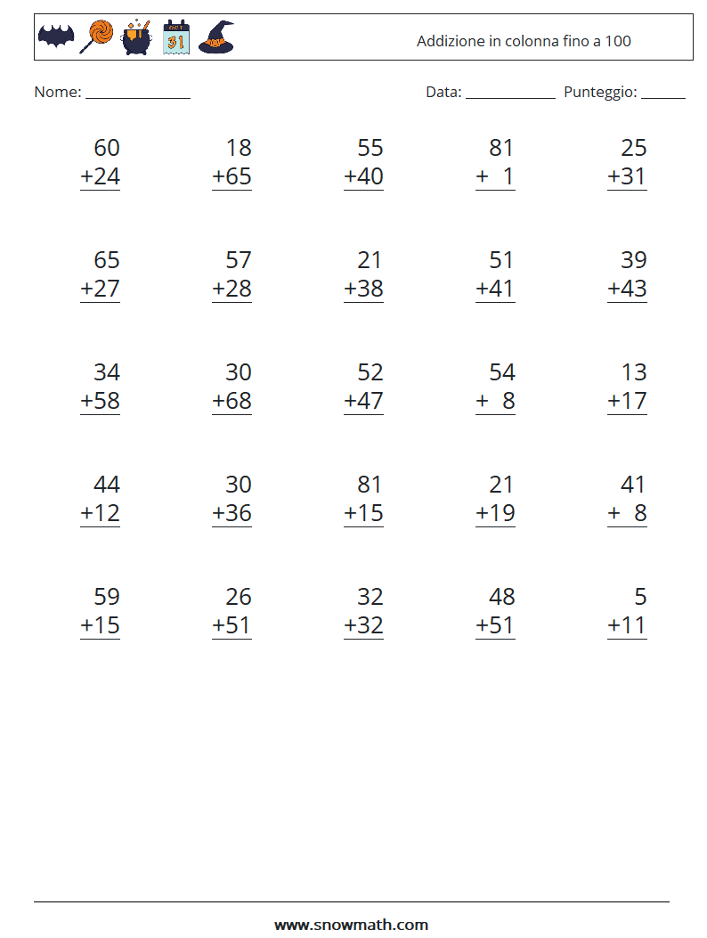 (25) Addizione in colonna fino a 100 Fogli di lavoro di matematica 15