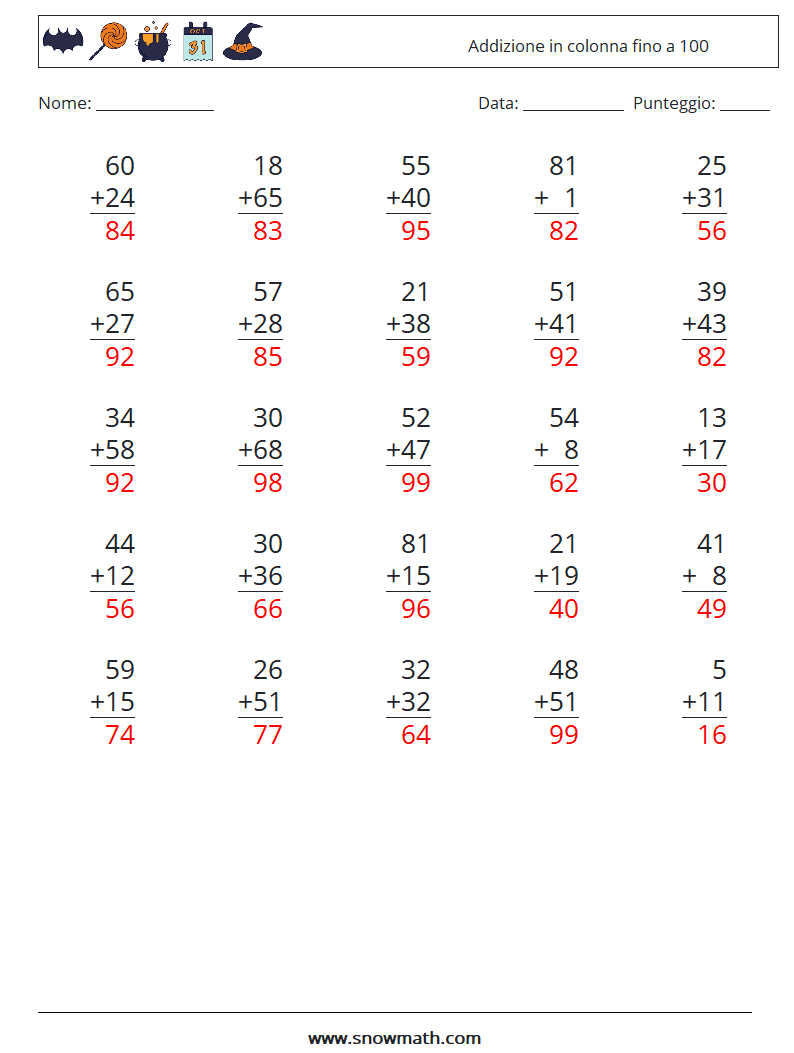 (25) Addizione in colonna fino a 100 Fogli di lavoro di matematica 15 Domanda, Risposta