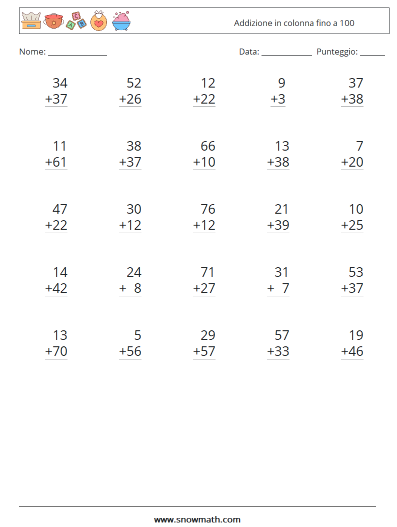 (25) Addizione in colonna fino a 100 Fogli di lavoro di matematica 16