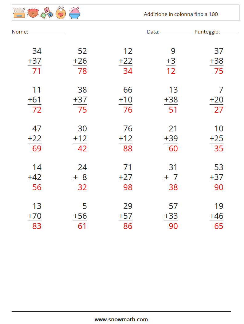 (25) Addizione in colonna fino a 100 Fogli di lavoro di matematica 16 Domanda, Risposta