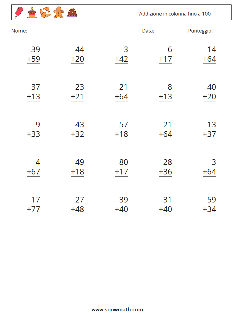 (25) Addizione in colonna fino a 100 Fogli di lavoro di matematica 17
