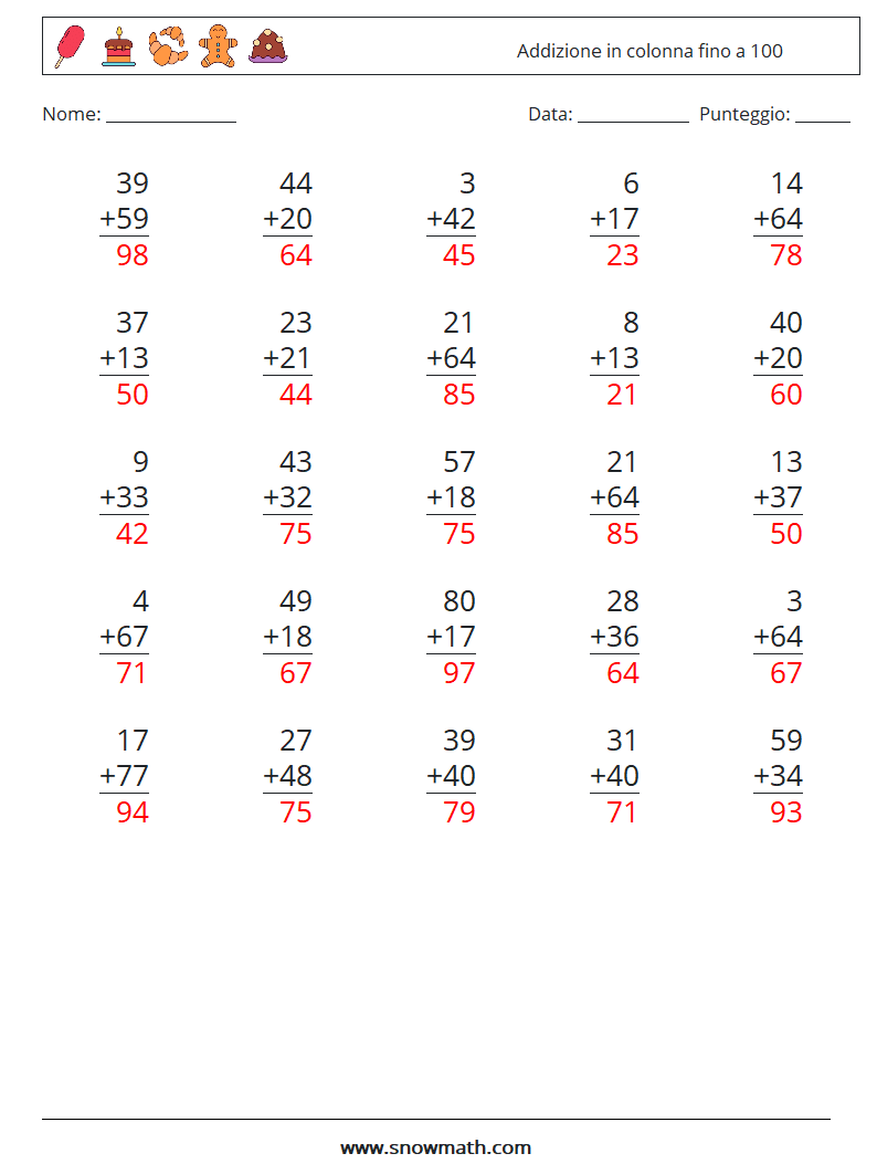 (25) Addizione in colonna fino a 100 Fogli di lavoro di matematica 17 Domanda, Risposta