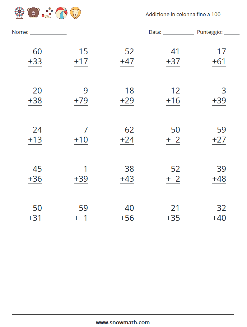 (25) Addizione in colonna fino a 100 Fogli di lavoro di matematica 18