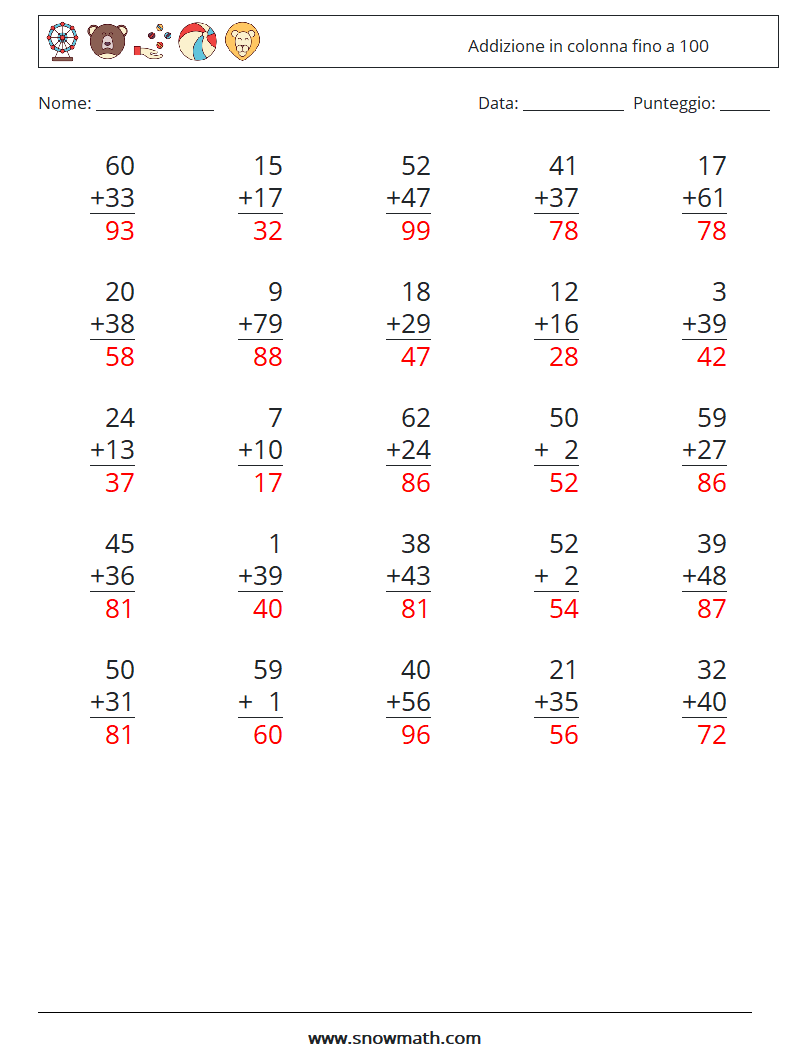 (25) Addizione in colonna fino a 100 Fogli di lavoro di matematica 18 Domanda, Risposta