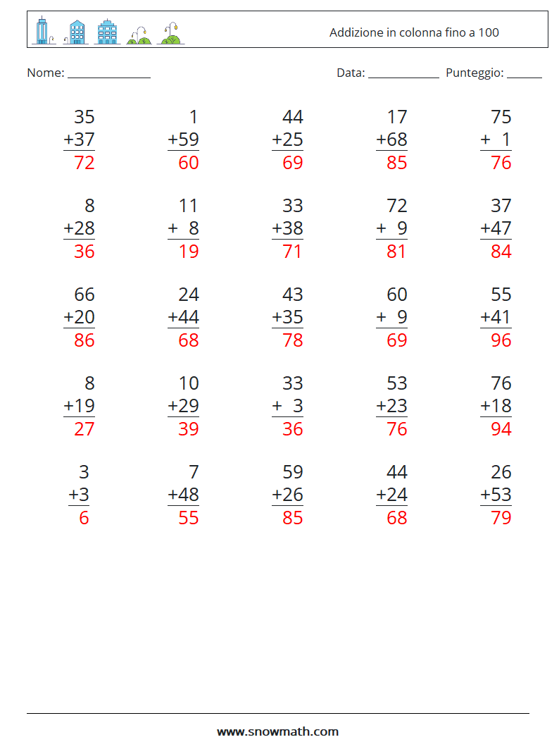 (25) Addizione in colonna fino a 100 Fogli di lavoro di matematica 1 Domanda, Risposta