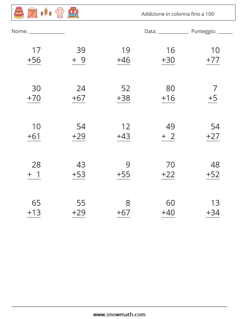(25) Addizione in colonna fino a 100 Fogli di lavoro di matematica 2