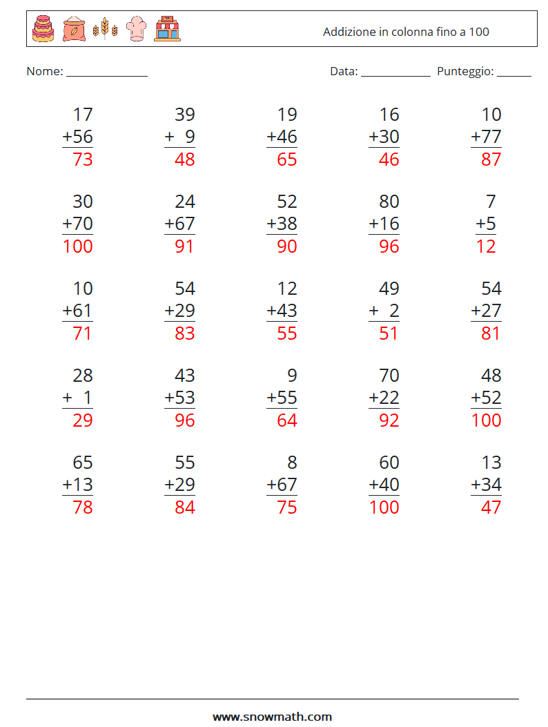 (25) Addizione in colonna fino a 100 Fogli di lavoro di matematica 2 Domanda, Risposta