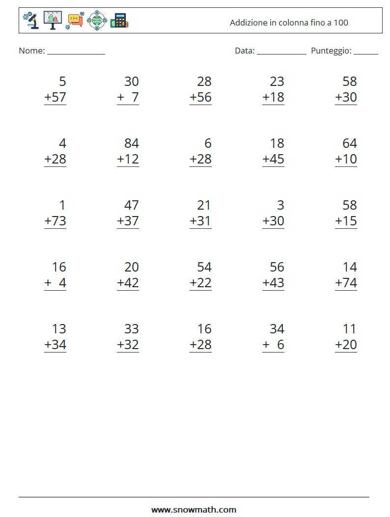 (25) Addizione in colonna fino a 100 Fogli di lavoro di matematica 3